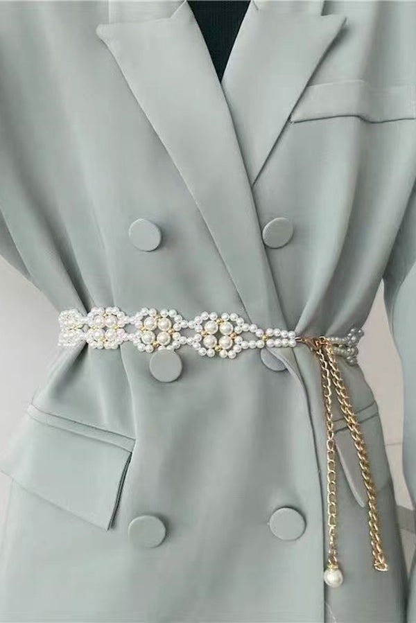 French-style Dress with A Cinched Waist and A Pearl Tassel Waist Chain