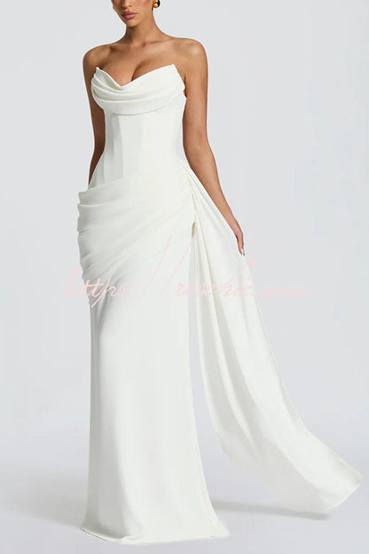 Matisse Strapless Pleated Cowl Overlay Back Lace-up Drape Panel Maxi Dress