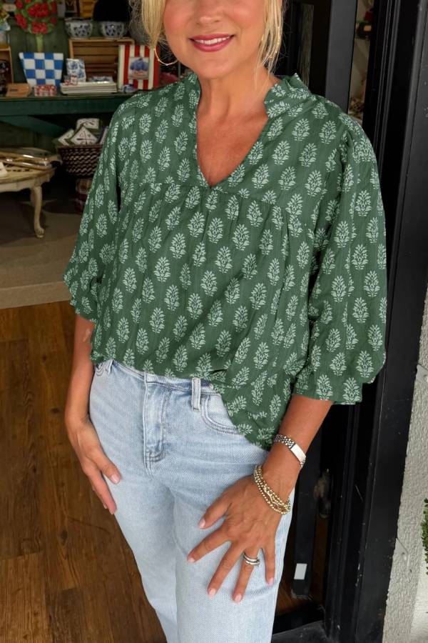 Women's V-neck Half-sleeve Printed Shirt Top