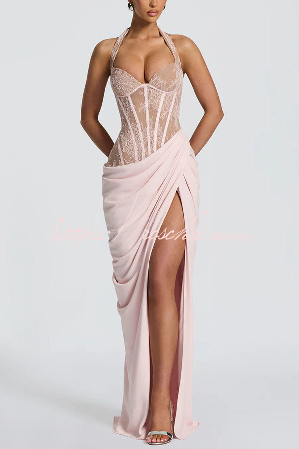 Bonita Floral Lace Contrast Structural Detail Asymmetrical Pleats Halter Slit Maxi Dress