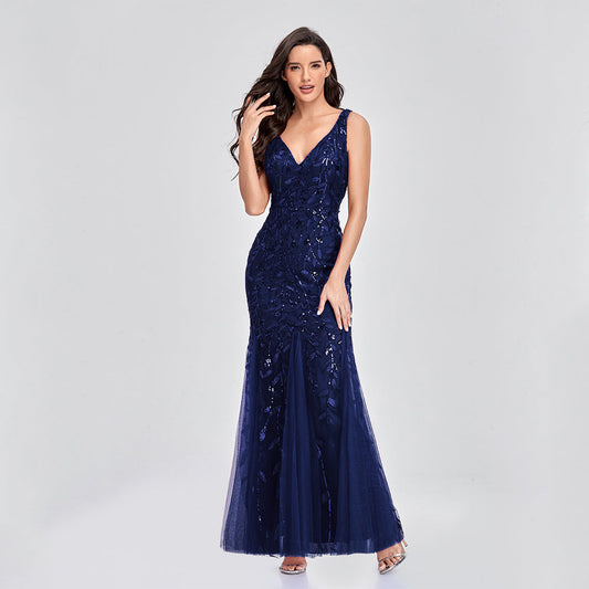 Dress Sleeveless V - neck Embroidery Sequin Slim Fishtail Bridesmaid Evening Dress for
