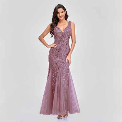 Dress Sleeveless V - neck Embroidery Sequin Slim Fishtail Bridesmaid Evening Dress for