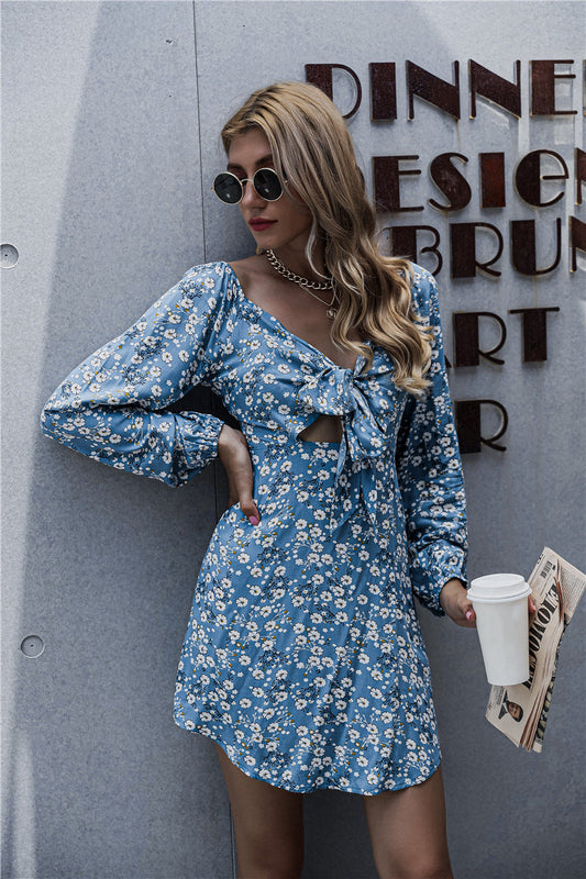 Springsteen Floral Tie Front Cutout Dress Blue