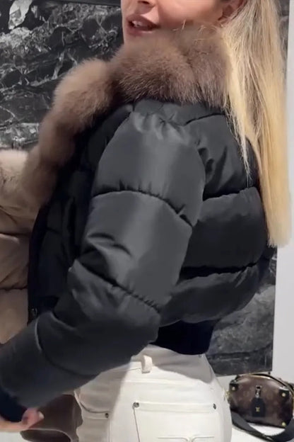 Women Artificial Fur Collar Temperament Casual Short Cotton Jacket
