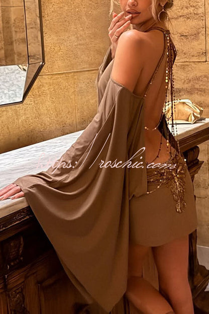 Alula Chain Sequin Embroidered Butterfly Kimono Slit Sleeve Backless Mini Dress