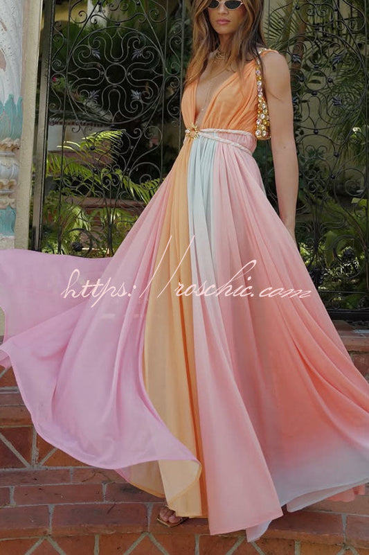 Rainbow Sky Chiffon Ombré Print Metal Decoration Woven Belted Vacation Maxi Dress