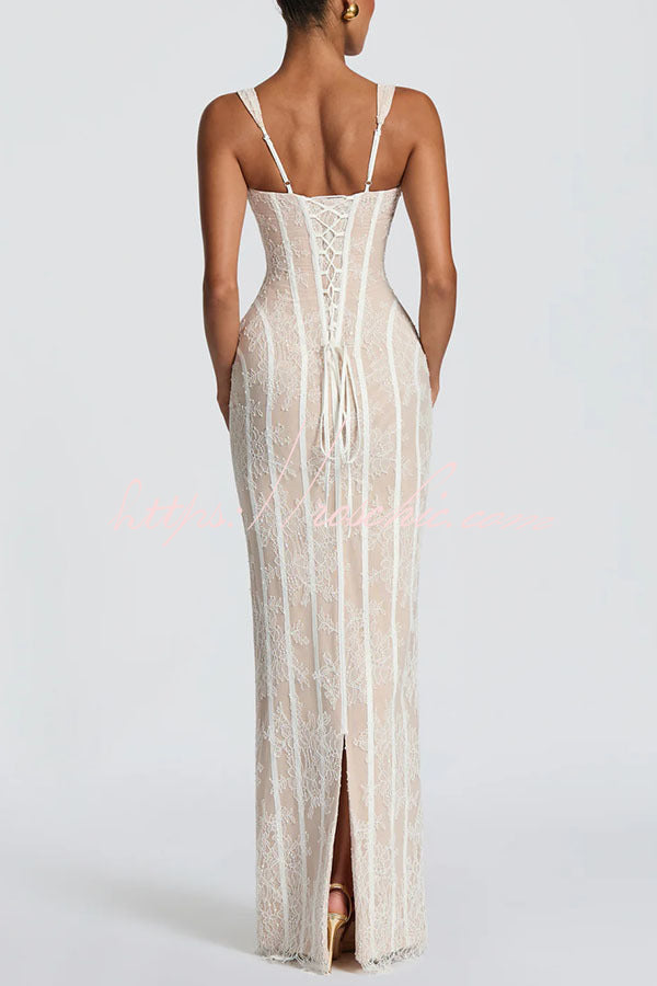 Polina Floral Lace Contrast Structural Detail Square Neck Back Lace-up Slit Maxi Dress