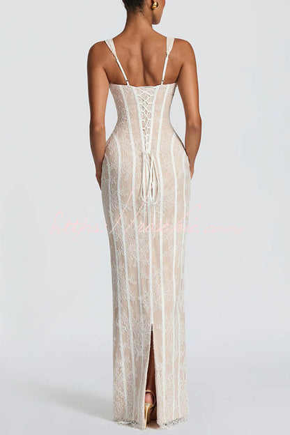 Polina Floral Lace Contrast Structural Detail Square Neck Back Lace-up Slit Maxi Dress