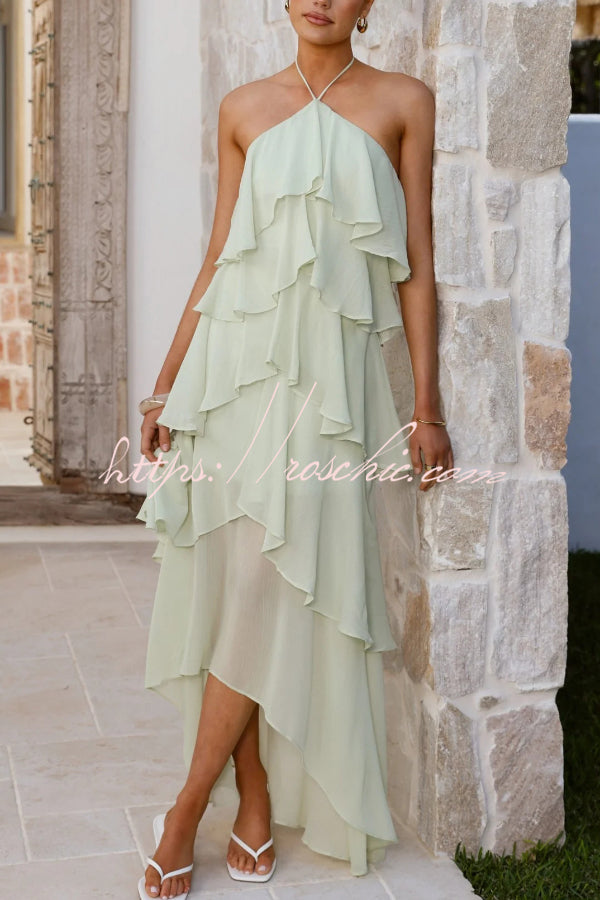 Solid Color Chiffon Halter Neck Elegant Ruffle Maxi Dress
