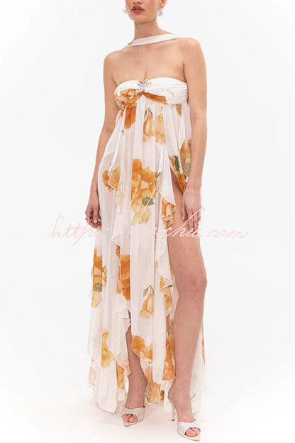 Mariah Floral Print Starfish Brooch Inverted Halter Neck Slit Ruffles Maxi Dress