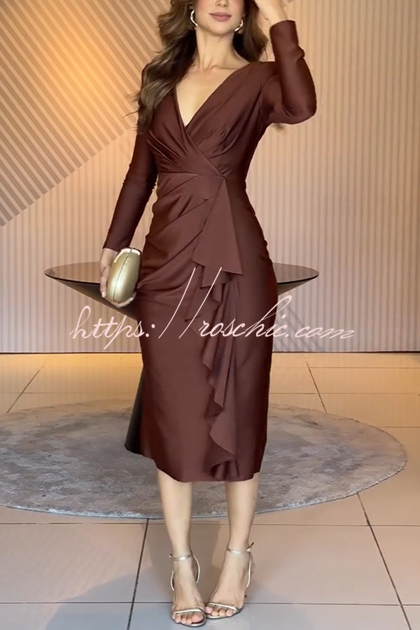 Ninah Satin Padded Shoulder Long Sleeve Ruffled Hem Slit Midi Dress