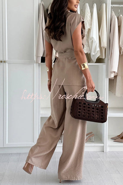 Darla Linen Blend Sleeveless Tie-up Lapel Top and Elastic Waist Wide Leg Pants Set