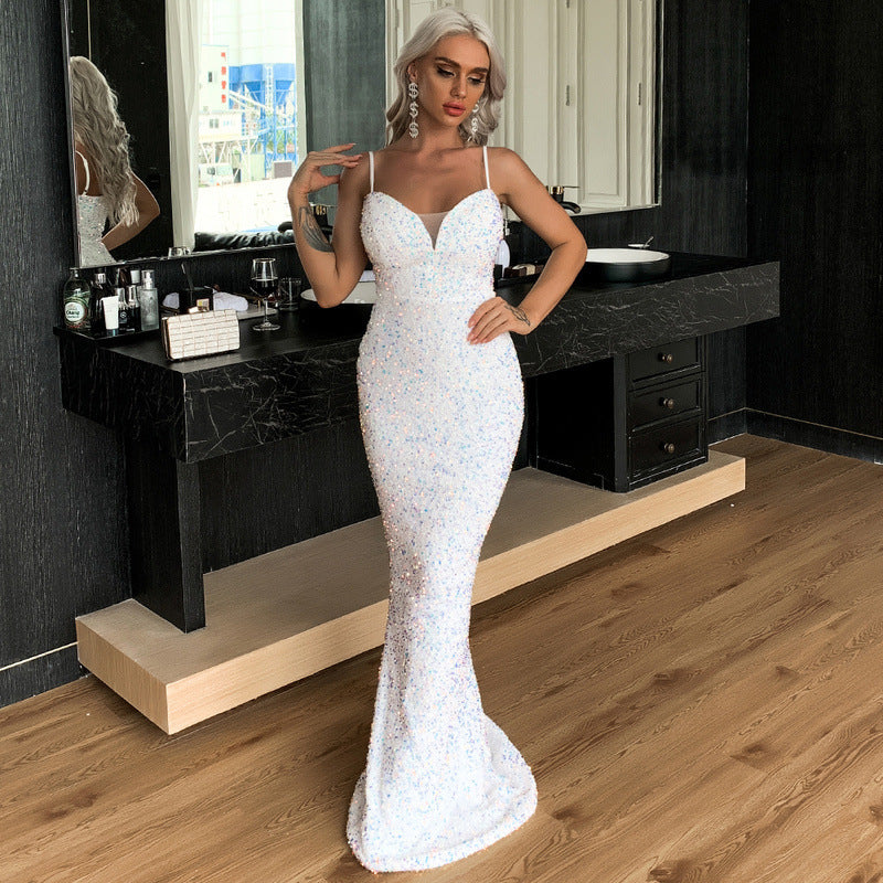 Evening Dress for Banquet Annual Meeting Host Party Strap Fishtail Sequ Dress Prom Formal Gown