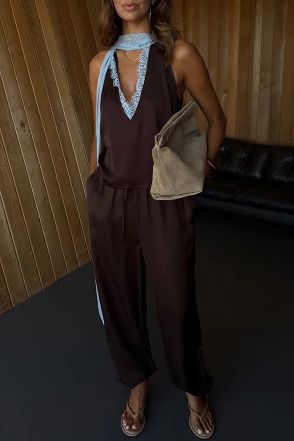 Sunday Social Satin Drawstring Elastic Waist Pocketed Loose Jogger Pants
