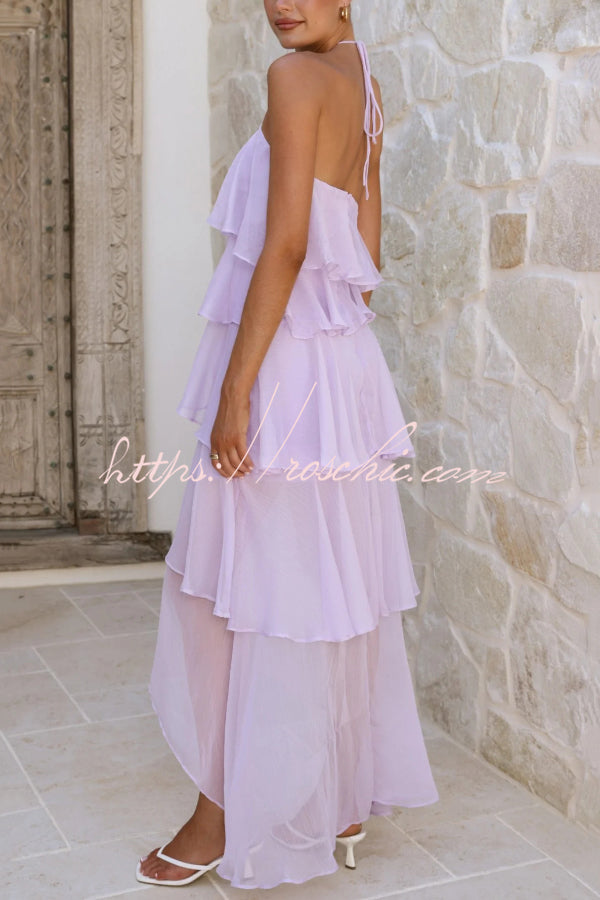 Solid Color Chiffon Halter Neck Elegant Ruffle Maxi Dress
