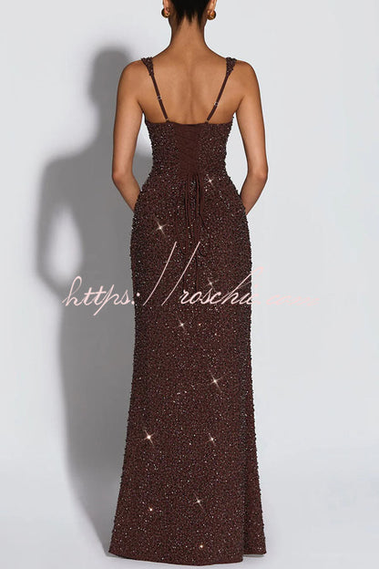 Calanthe Sequin Embellished Chiffon Ruched Square Neck Back Lace-up Maxi Dress