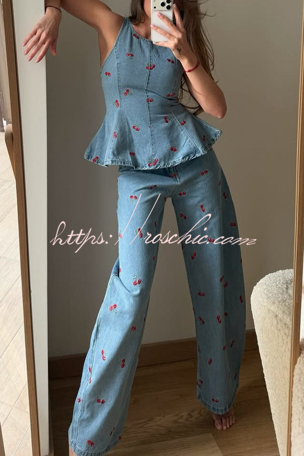 Sweet Casual Denim Cherry Print High Rise Pocket Straight Leg Loose Jeans