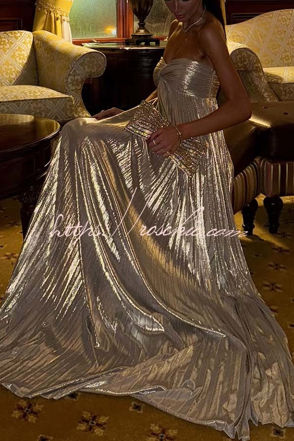 Night Elf Metallic Fabric Pleated Off Shoulder Twist Bust Slit Maxi Dress