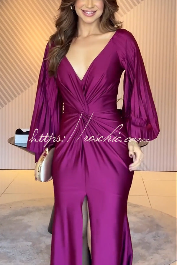 Raise A Toast Satin Long Balloon Sleeve Twist Waist Slit Maxi Dress