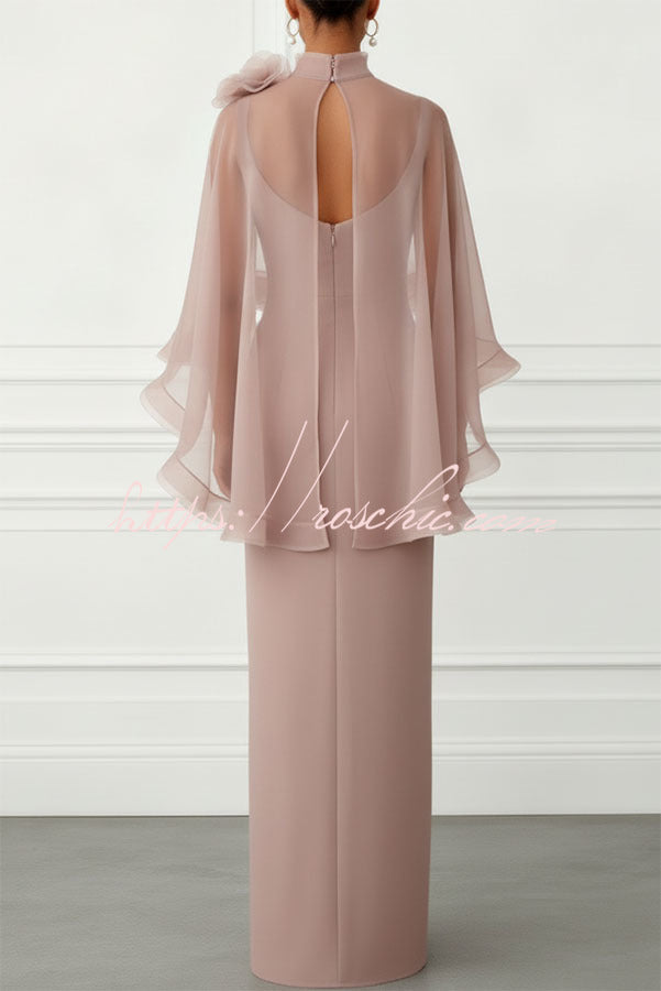 Tallisa 3D Floral Mesh Mock Neck Half Cape Sleeve Gown Maxi Dress