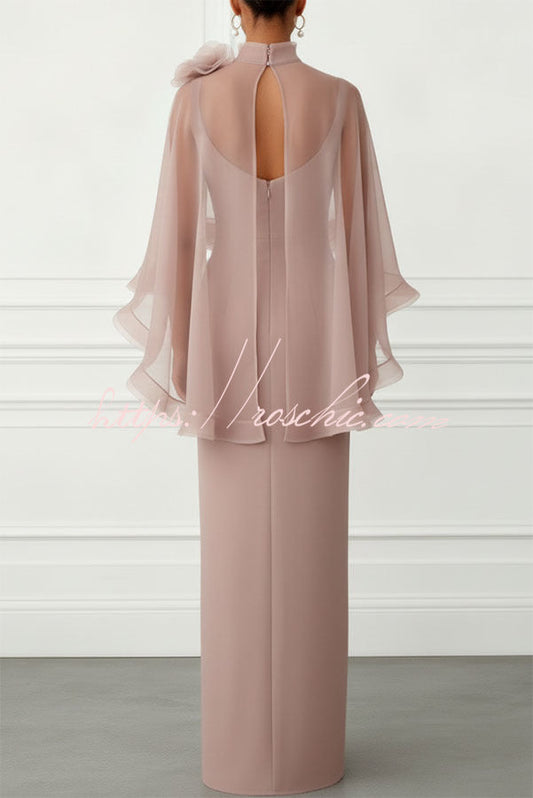 Tallisa 3D Floral Mesh Mock Neck Half Cape Sleeve Gown Maxi Dress