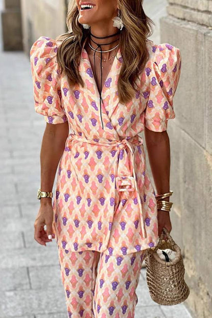 V-Neck Puff Sleeve Print Tie-Waist Wide-Leg Pants Set