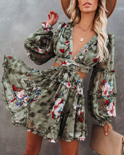 Marie Ruffle Tiered Cutout Dress Olive
