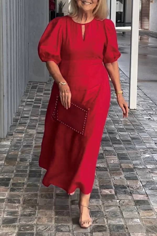 Round Neck Keyhole Puff Sleeve Waisted Midi Dress