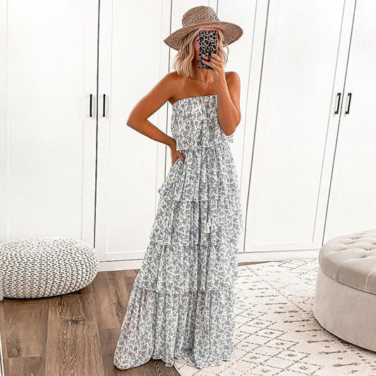 Annie Floral Strapless Tiered Midi Dress Ivory Multi