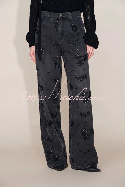 Jhenie Denim Beaded Sequin Floral Pattern Mid Rise Pocket Wide Leg Jeans