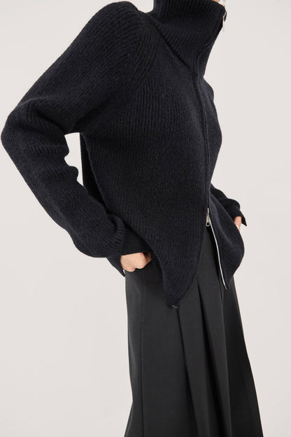 Black Solid Zipper Up Placket Cardigan