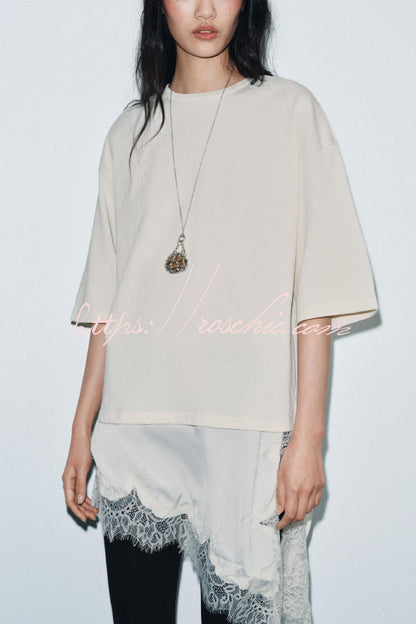 Stylish Round Neck Short-sleeved Patchwork Lace Hem Loose T-shirt