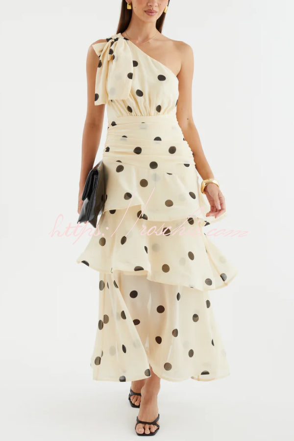 Fashionable Polka Dot Print One-shoulder Sleeveless Layered Mesh Maxi Dress