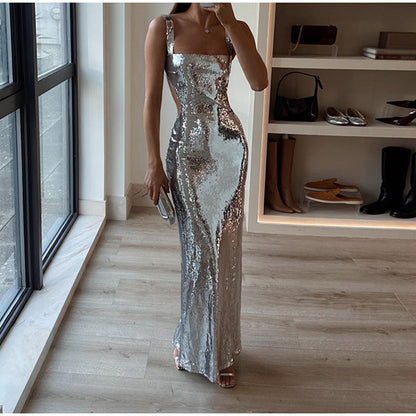 Angel Boutique Charming Sequin Sling Square Collar Backless Dress Skirt Elevated Occasion Wear