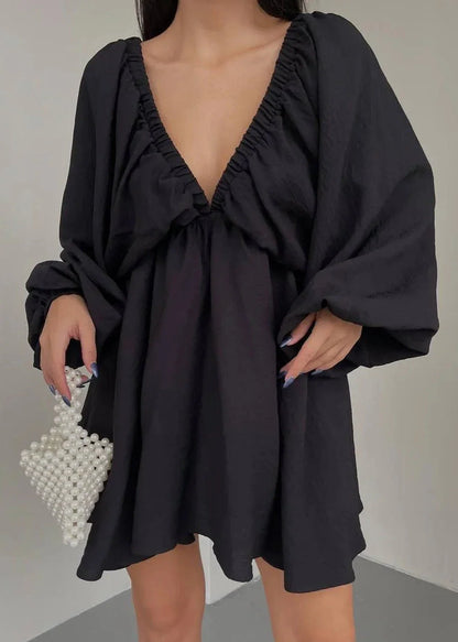 Deep V-Neck Lantern Sleeve Mini Dress – Flowy Loose Fit