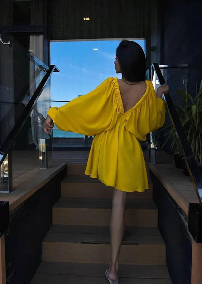 Elegant V-Neck Mini Dress - Chic Lantern Sleeve Party Gown