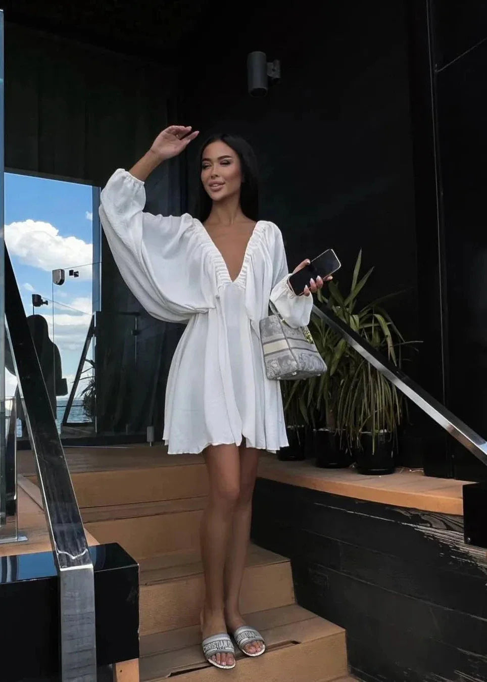 Elegant V-Neck Mini Dress - Chic Lantern Sleeve Party Gown