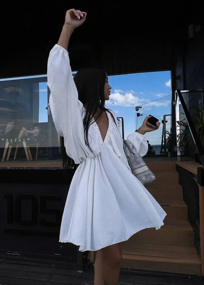 Elegant V-Neck Mini Dress - Chic Lantern Sleeve Party Gown