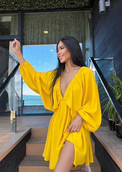 Elegant V-Neck Mini Dress - Chic Lantern Sleeve Party Gown