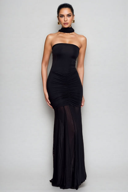 Nivenae Slinky And Mesh Off Shoulder Maxi Dress