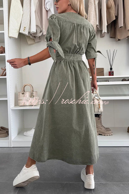 Solid Color V-neck Button-down Denim Midi Dress
