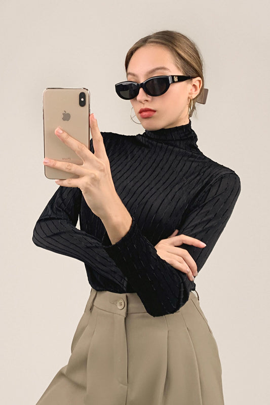 Black Textured Striped Turtleneck Top