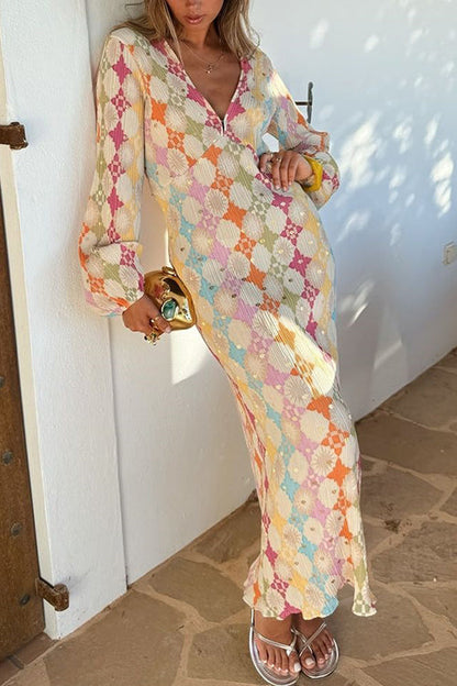 Adriana Premium V Neck Lantern Sleeves Geometric Print Maxi Dress Designer Edit