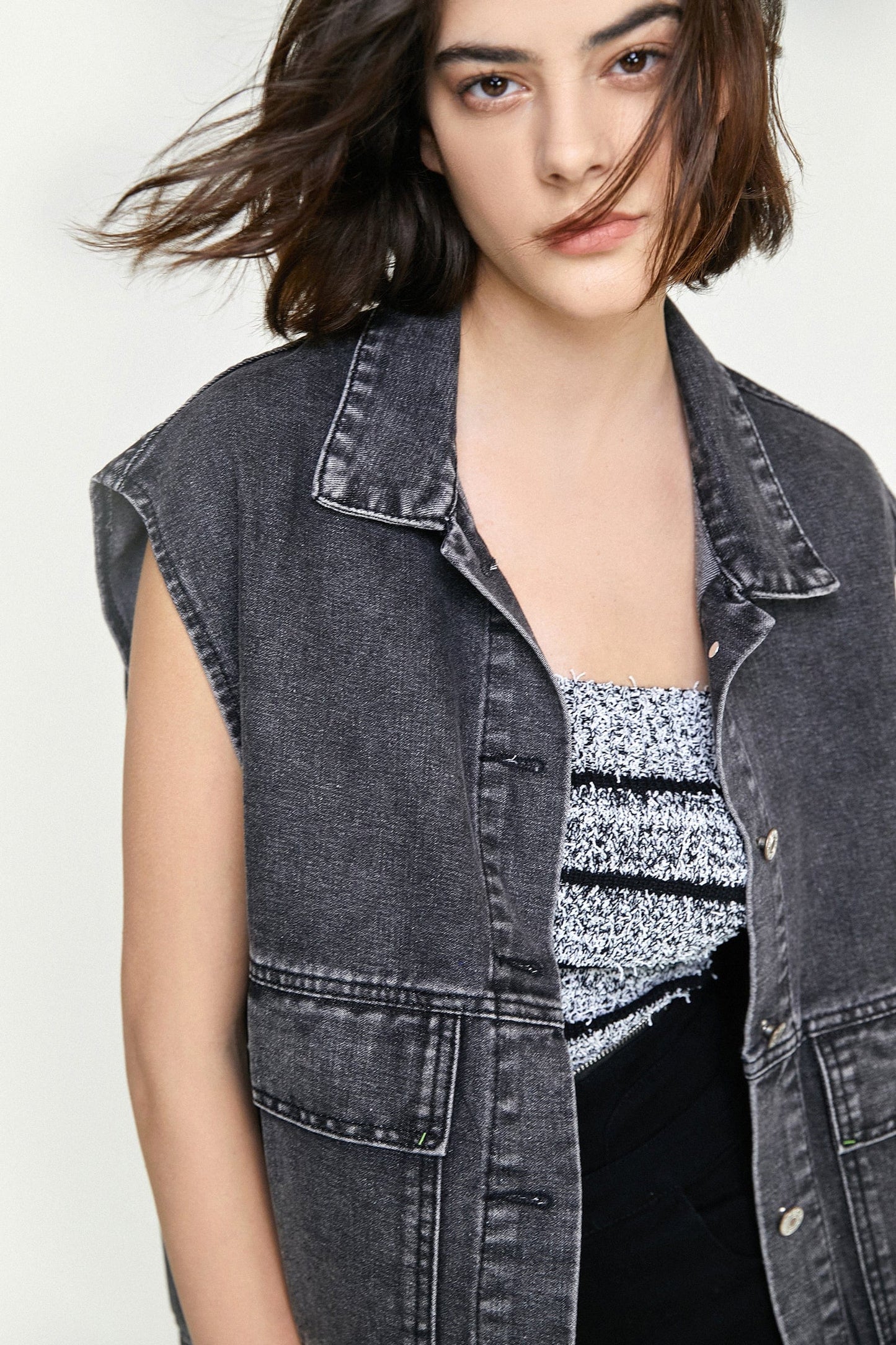 Black Collared Flap Pocket Button Front Denim Vest