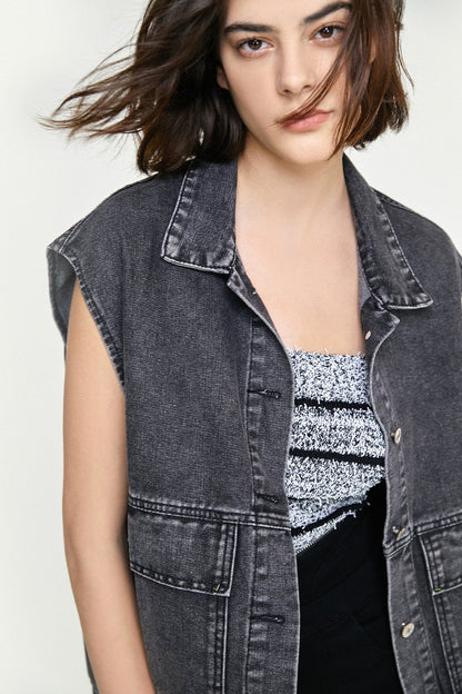 Black Collared Flap Pocket Button Front Denim Vest