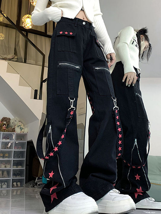 Contrast Color Ribbon Metal Decoration Cargo Jeans