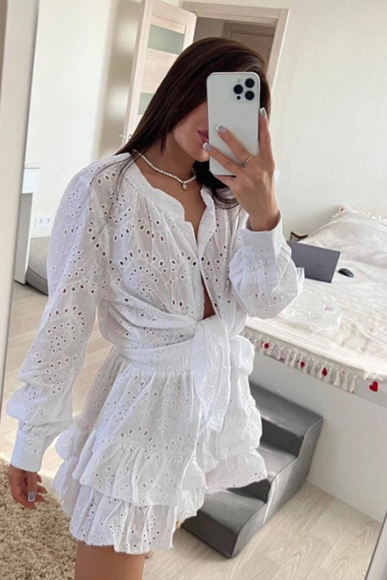 Hollow-out Jacquard Blouse Tiered Shorts Set