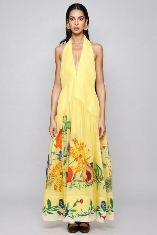 Hunte Yellow Floral Backless Maxi Dress