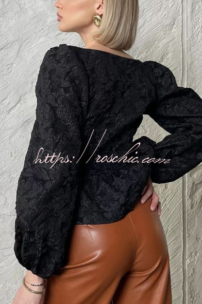 Solid Color Jacquard Square Neck Puff Sleeve Elegant Button Top