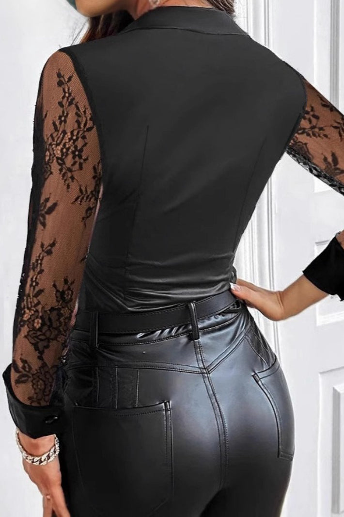 Lace Leather Panel Sheer  Long Sleeve Chic Blouse